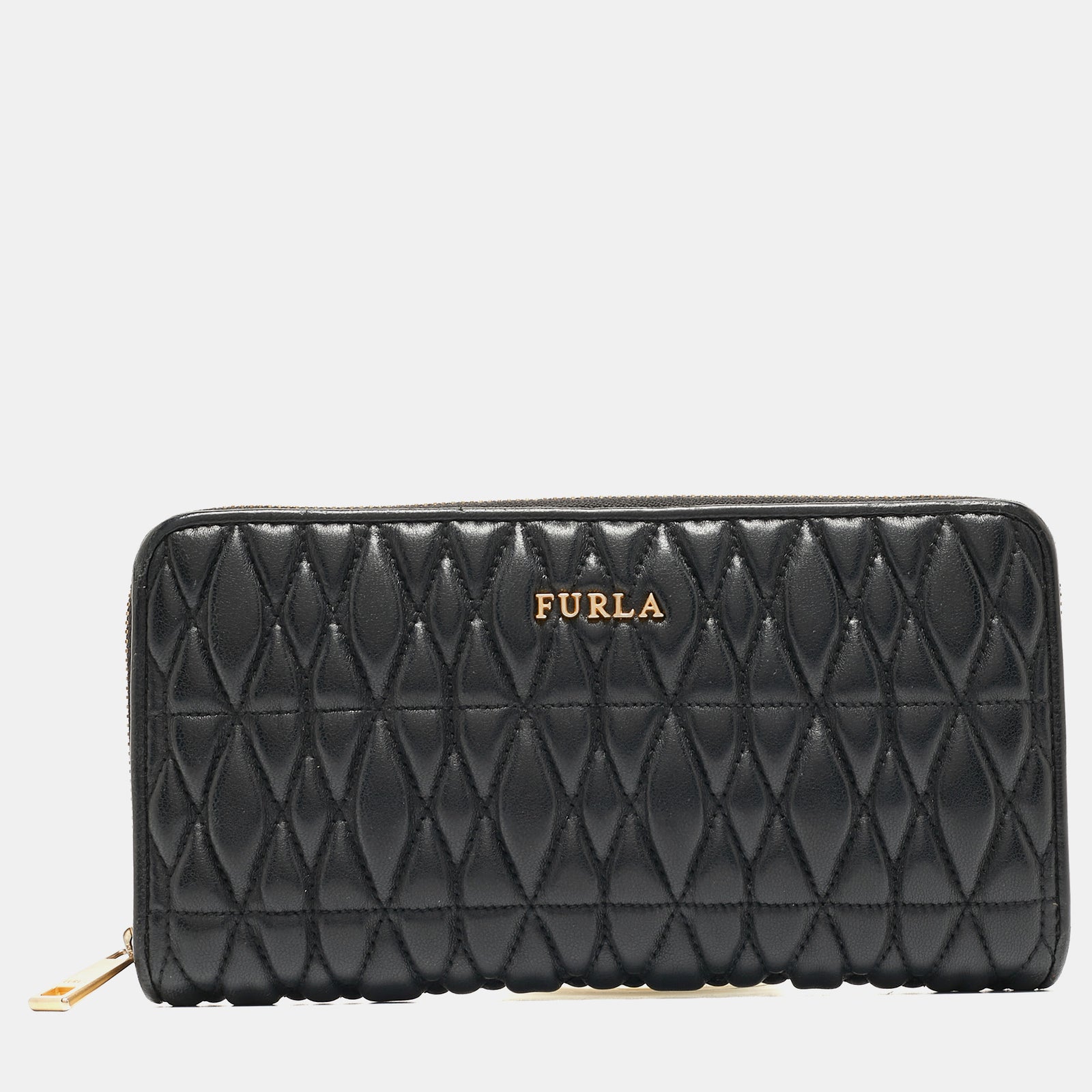 Furla Black Quilted Leather XL Cometa Zip Around Wallet