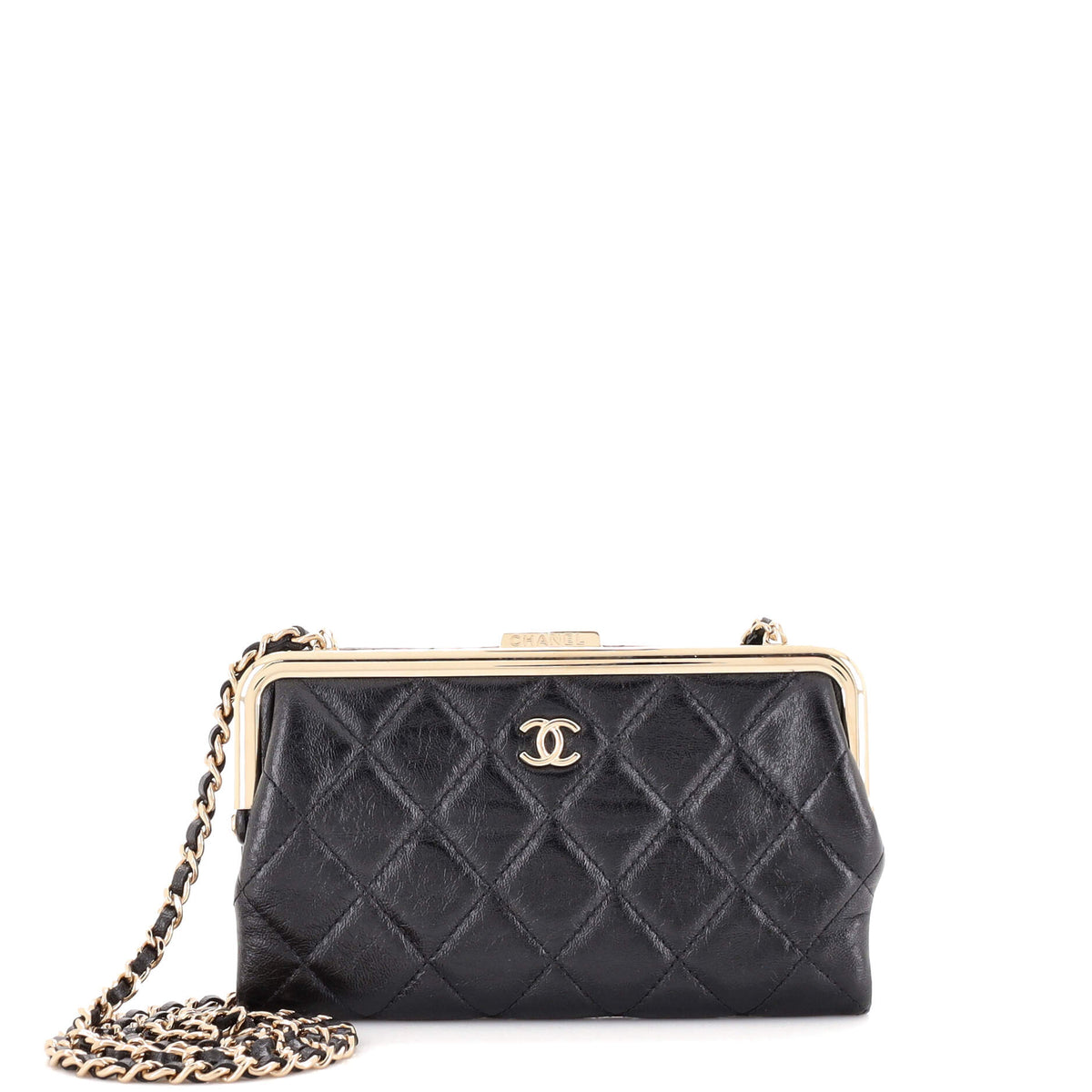 Chanel CHANEL Logo Clasp Frame Clutch with Chain Quilted Lambskin Small