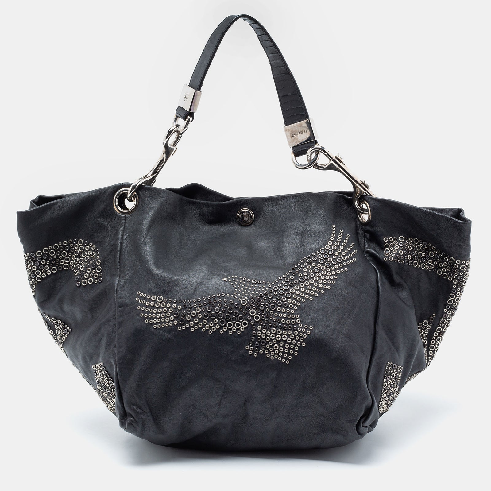 Jimmy Choo Black Embellished Leather And Snake Lohla Grommet Hobo