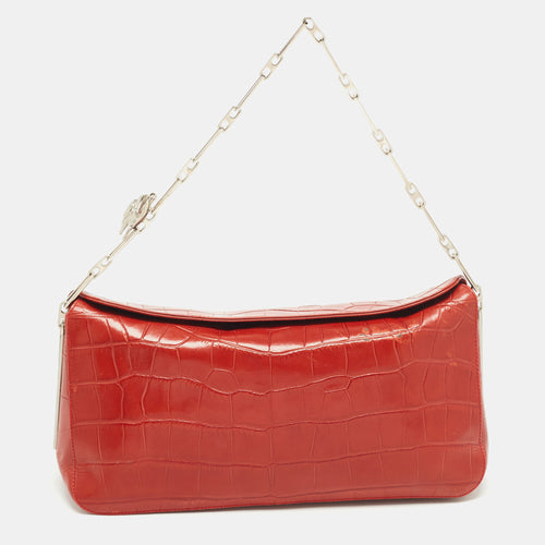 Orange Croc Embossed Leather Chain Shoulder Bag