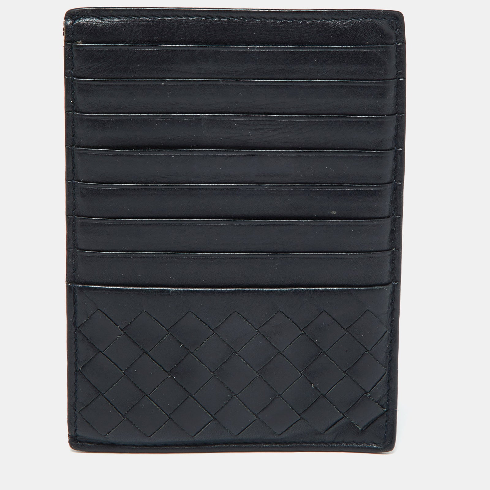 Bottega Veneta Porte-cartes zippé en cuir intrecciato bleu foncé