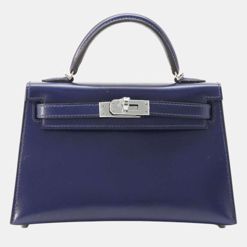 Blue Saphir Box Calf Leather Mini Kelly II Sellier Top Handle Bag