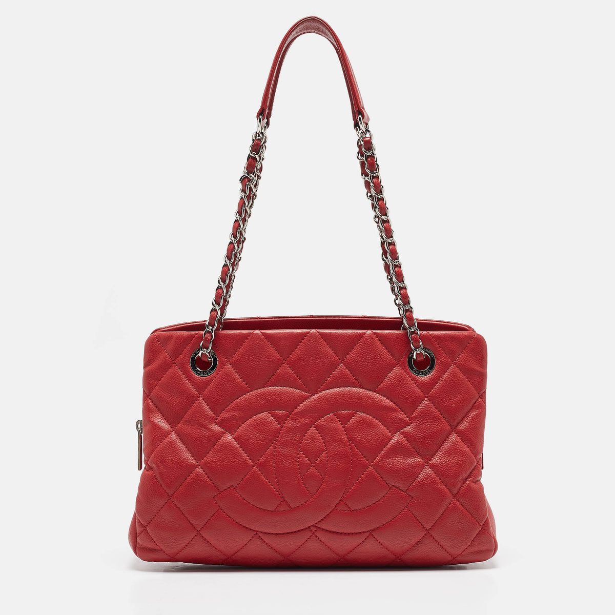 Chanel Red Quilted Caviar Leather Shopper Tote