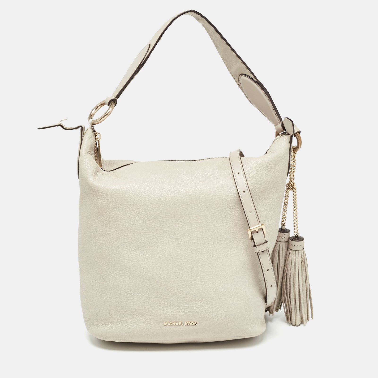 Michael Kors Light Grey Leather Elana Tassel Bucket Bag