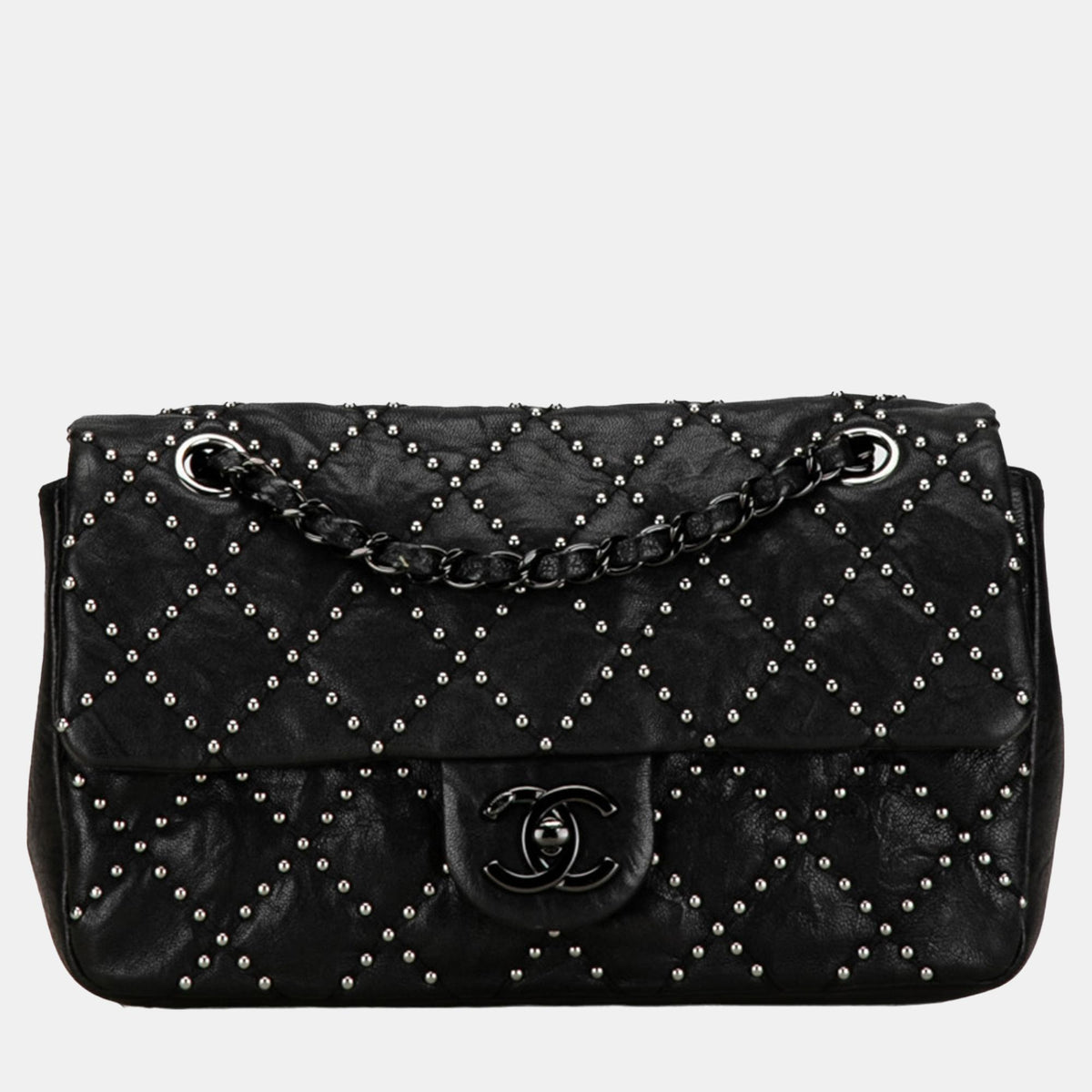 Chanel Black Washed Lambskin Studded Metal Beauty Flap