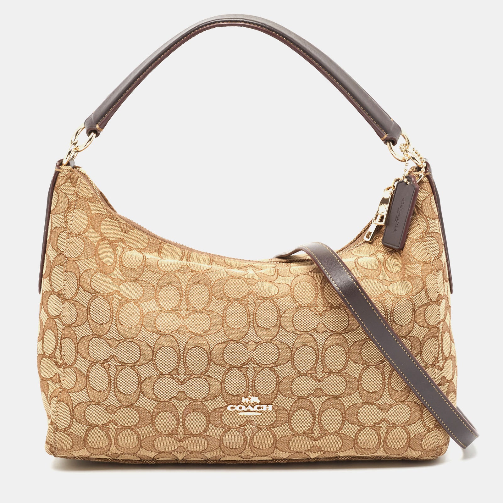 Coach Beige Signature Canvas East West Celeste Hobo