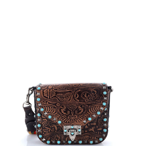 VALENTINO GARAVANI Rolling Rockstud Crossbody Bag Santeria Embossed Leather with Cabochons Small