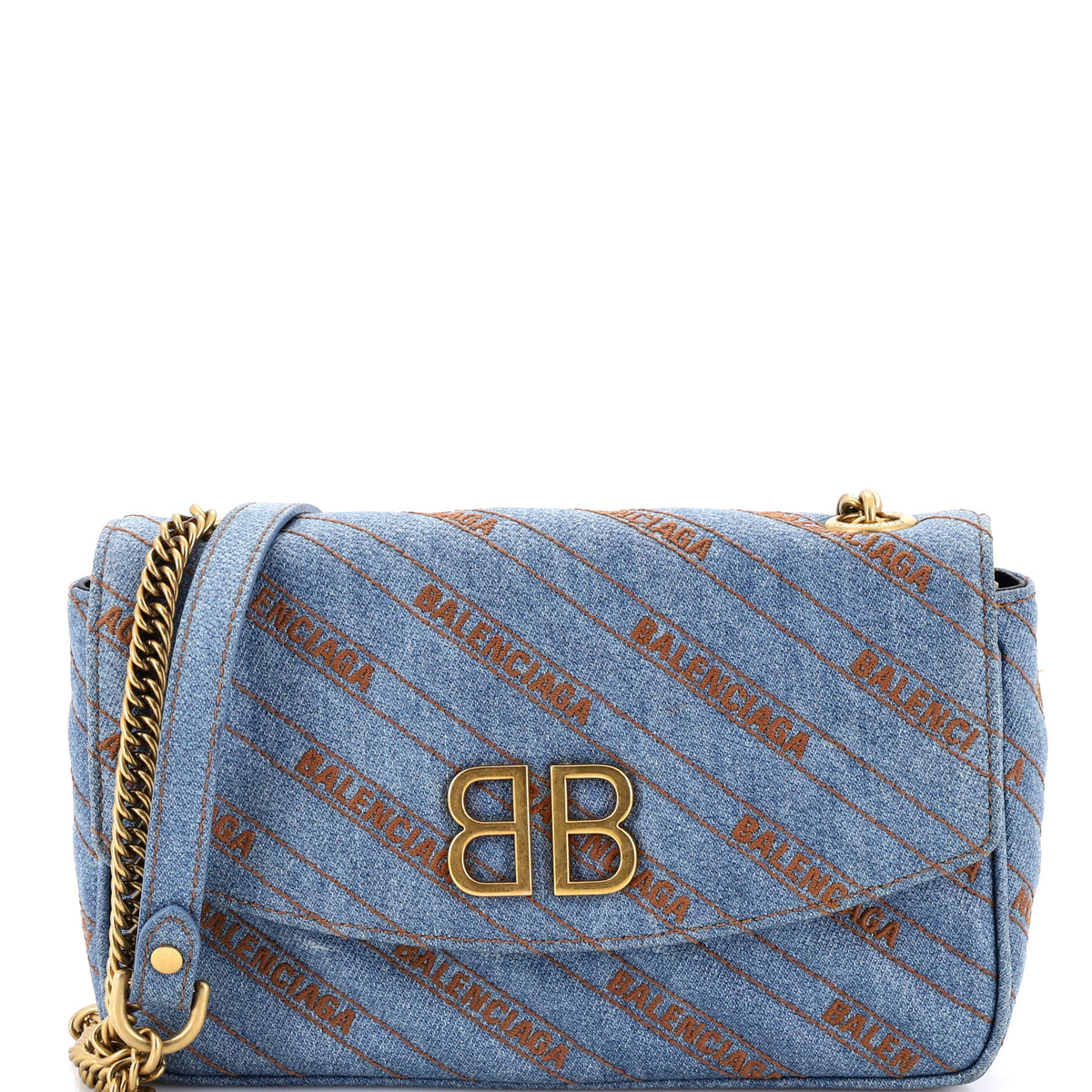 Balenciaga BB Chain Round Shoulder Bag Quilted Embroidered Denim Medium