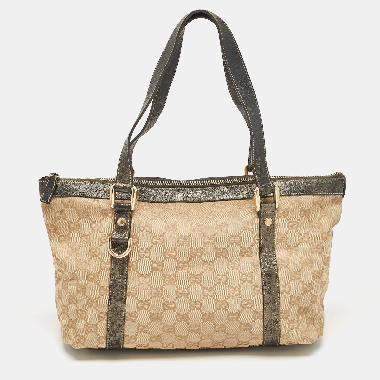 Gucci Sac fourre-tout Abbey en toile GG beige/métallisé et cuir avec anneau en D