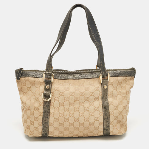Beige/Metallic GG Canvas and Leather Abbey D-Ring Tote