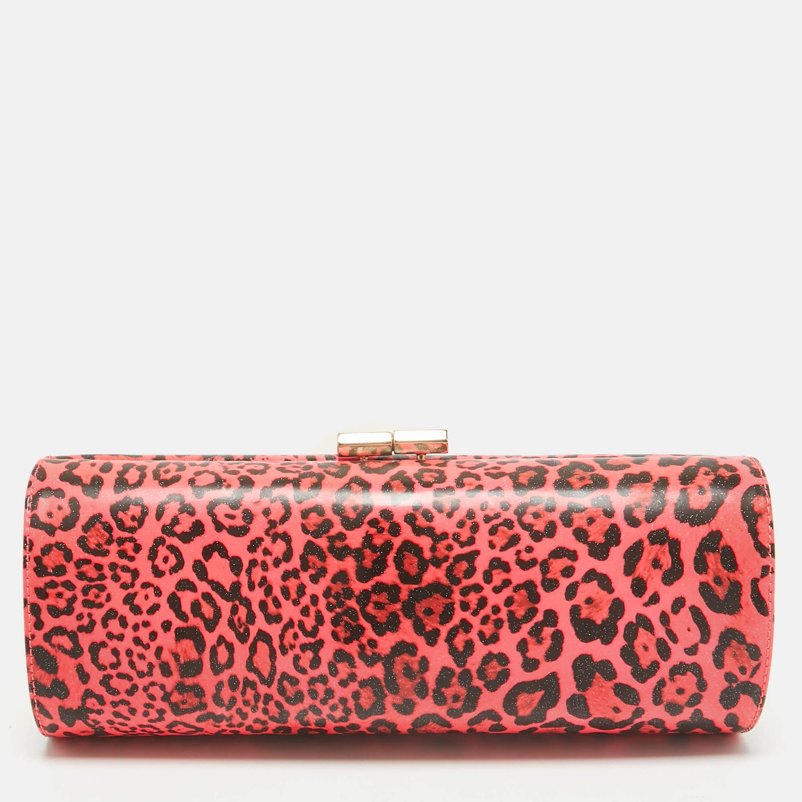 Jimmy Choo Neon Pink/Black Leopard Print Vinyl Twill Tube Clutch