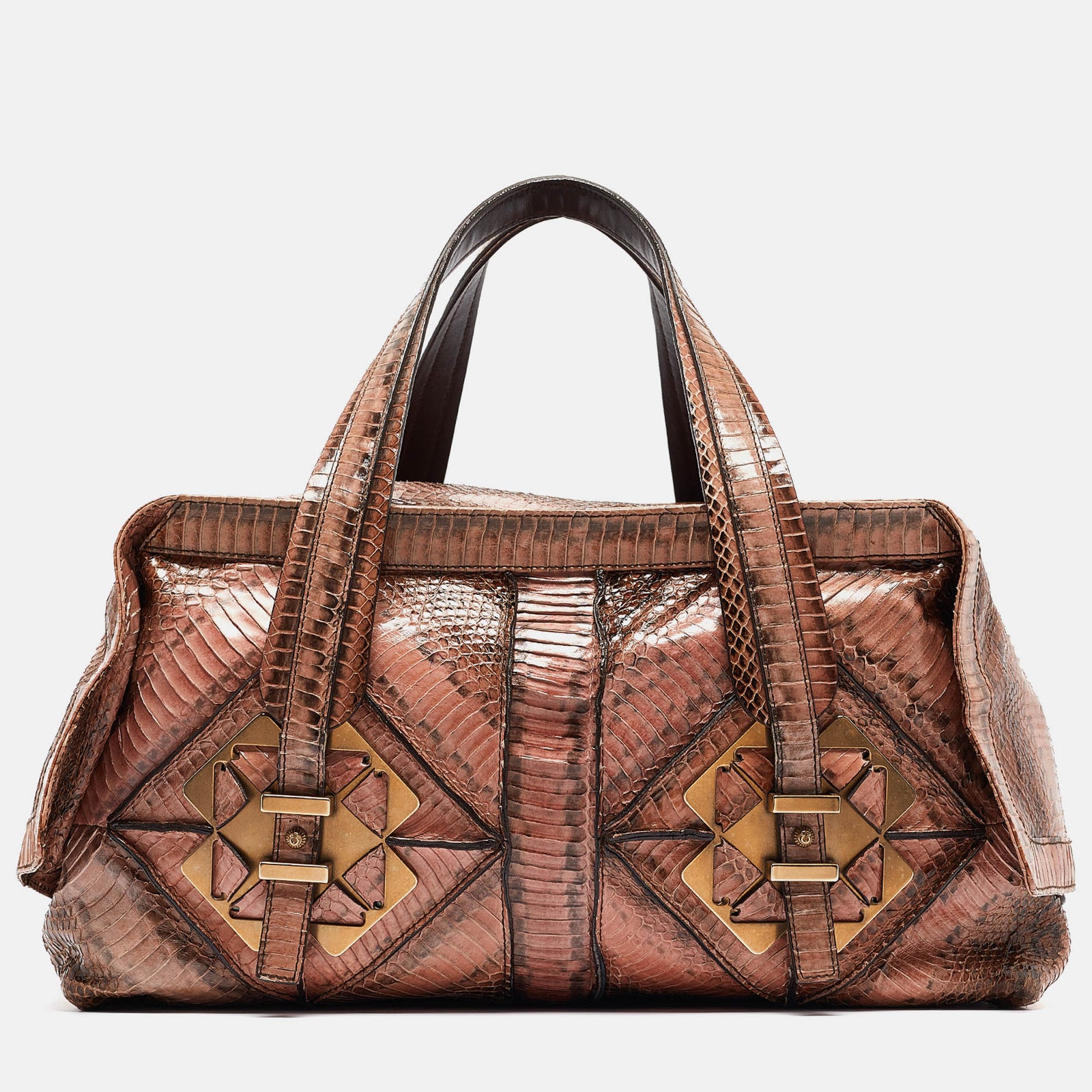 Salvatore Ferragamo Brown/Beige Water Snakeskin Satchel