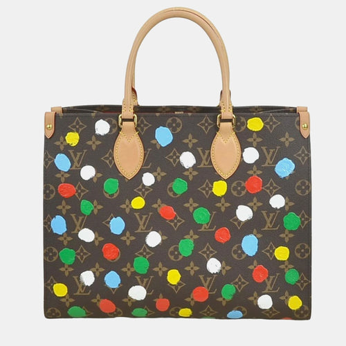 X Yayoi Kusama Brown Coated Canvas Painted Dots OnTheGo MM Tote Bag
