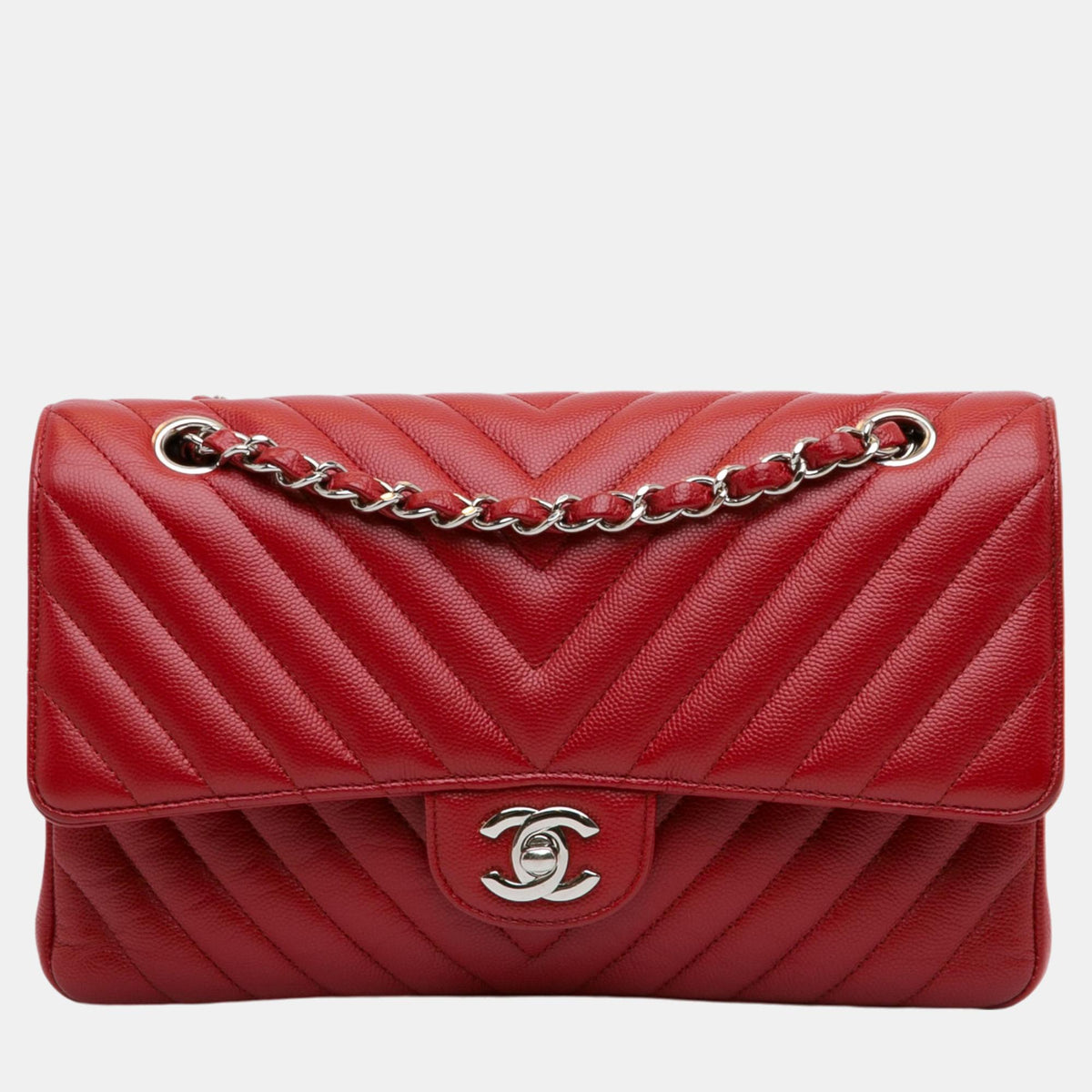 Chanel Red Chevron Leather Medium Classic Double Flap Bag