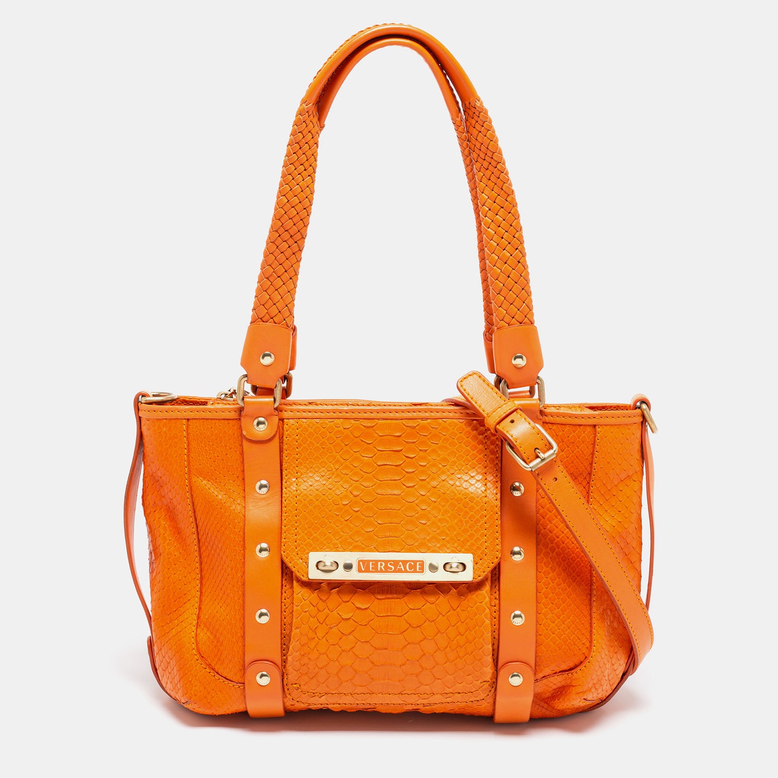 Versace Orange Python and Leather Front Pocket Hobo