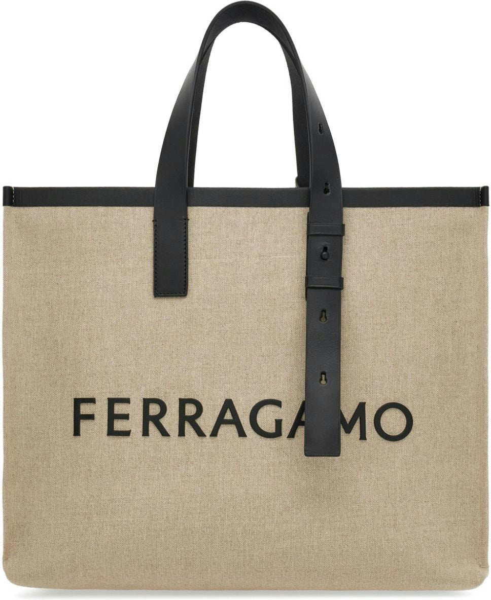 Ferragamo Men's Logo Canvas Tote Bag in Beige | Size UNI | 241298