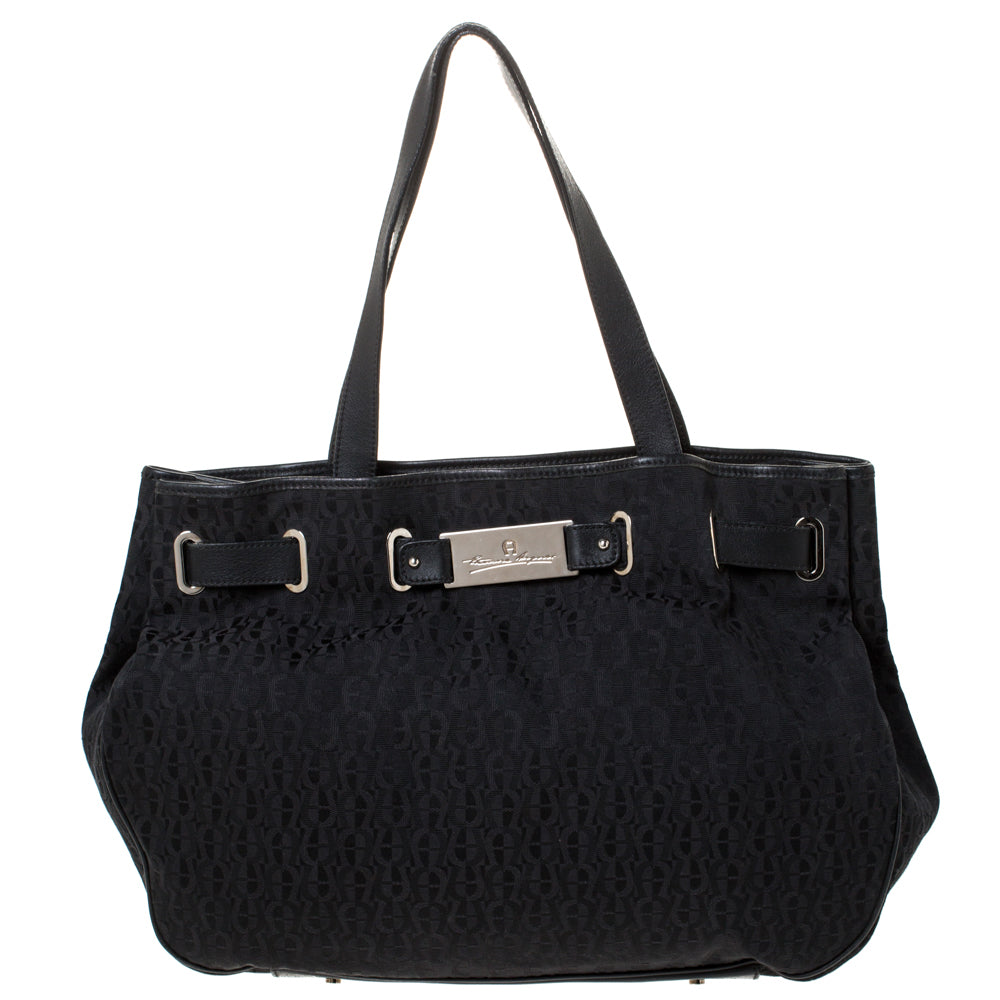 Aigner Black Signature Canvas and Leather Tote