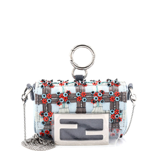 FENDI Chain Baguette Charm Bag Embellished Denim Nano