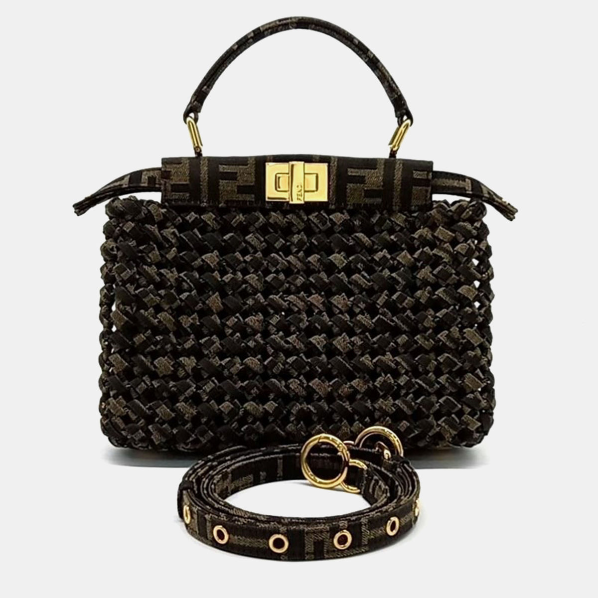 Fendi Brown Intrecciato Peekaboo Mini Top Handle Bag