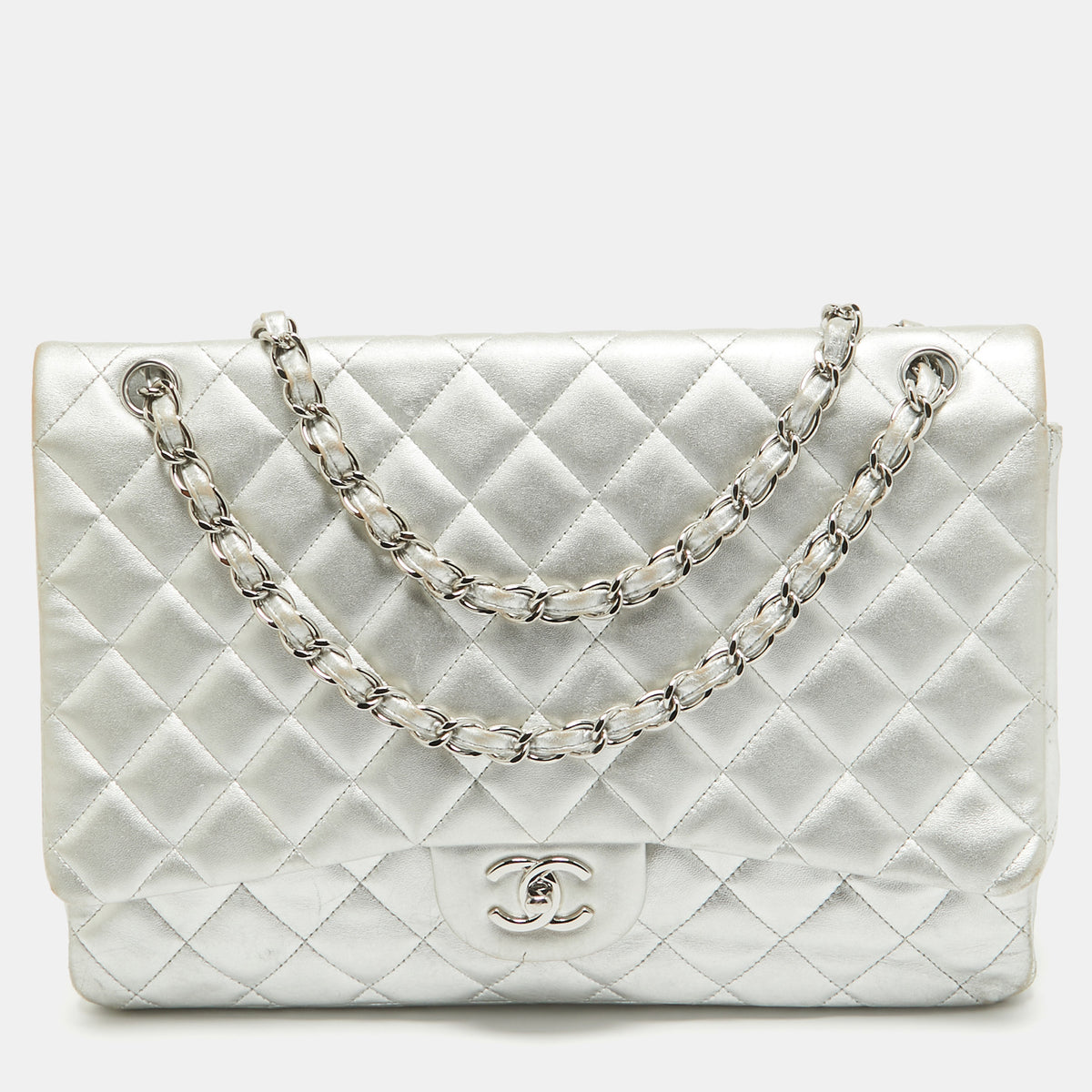 Chanel Silver Quilted Leather Maxi Classic Single Flap Bag