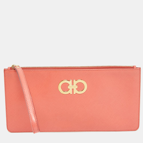 Orange Leather Gancini Wristlet Clutch