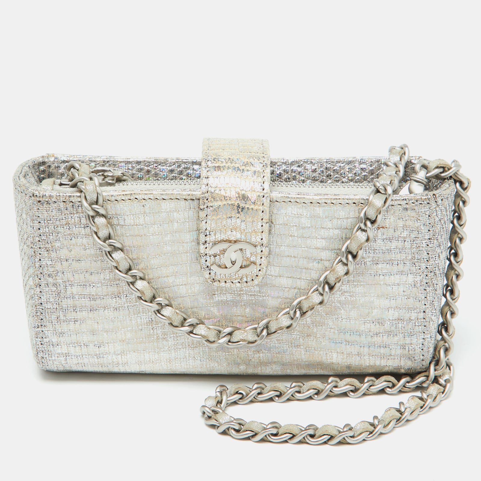 Chanel Silberne Clutch mit Handykette und Eidechsen-Motiv