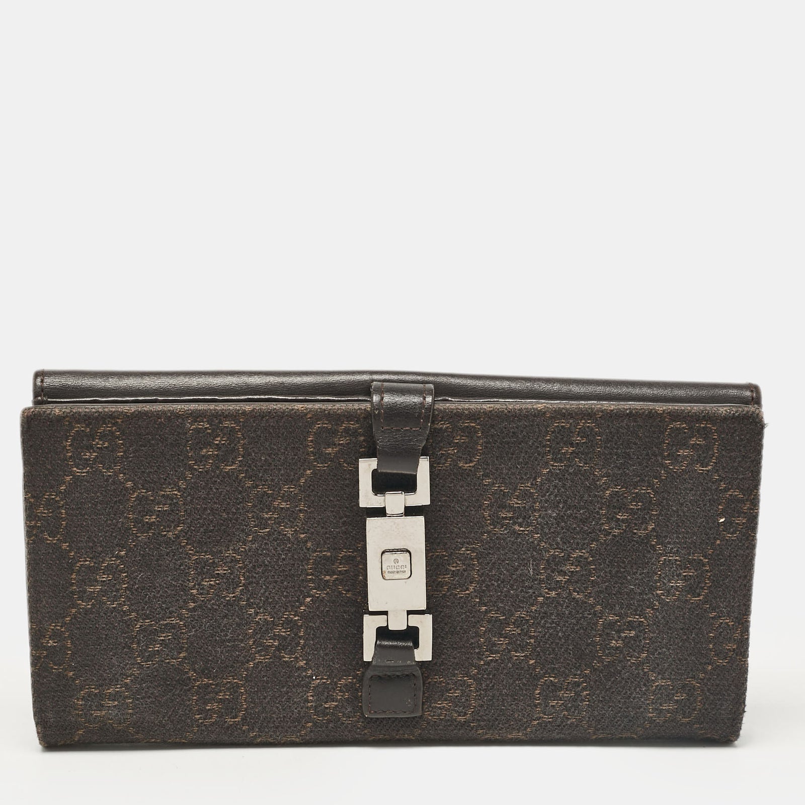 Gucci Jackie Continental-Geldbörse aus dunkelbraunem GG Canvas und Leder