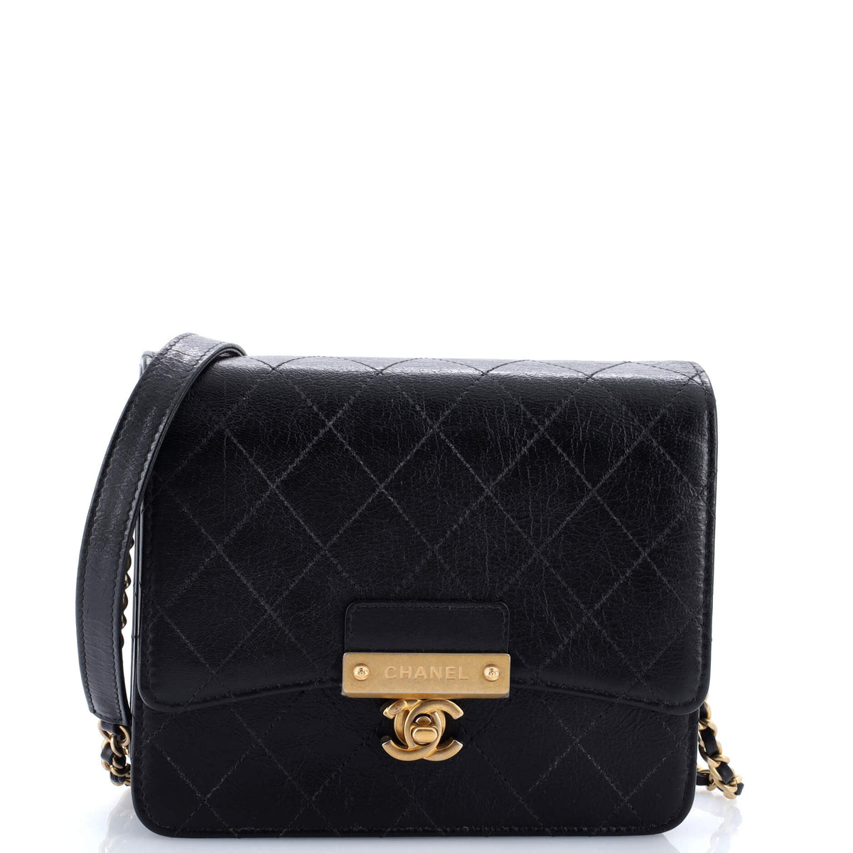 Chanel CHANEL Logo Plate Square Wallet on Chain Quilted Goatskin