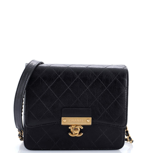CHANEL Logo Plate Square Wallet on Chain Quilted Goatskin