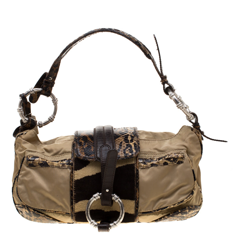 Gianfranco Ferre Beige/Brown Nylon/Python and Calfhair Satchel