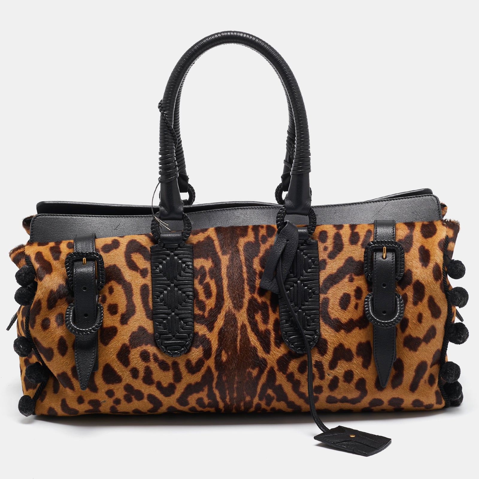 Yves Saint Laurent Black/Brown Leopard Print Calfhair and Leather Pom Pom Duffel Bag