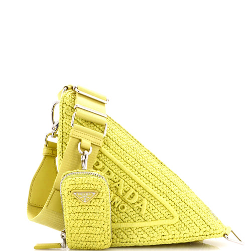 PRADA Triangle Logo Zip Crossbody Bag Crochet Raffia Small