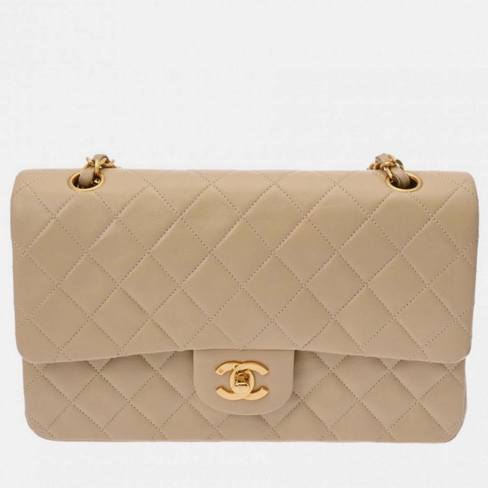 Chanel Beige 25 cm große Schultertasche aus Matelassé-Lammleder mit Kette