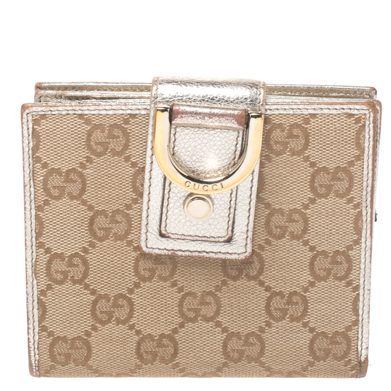 Gucci Portefeuille compact Abbey D Ring en toile GG beige/doré métallisé