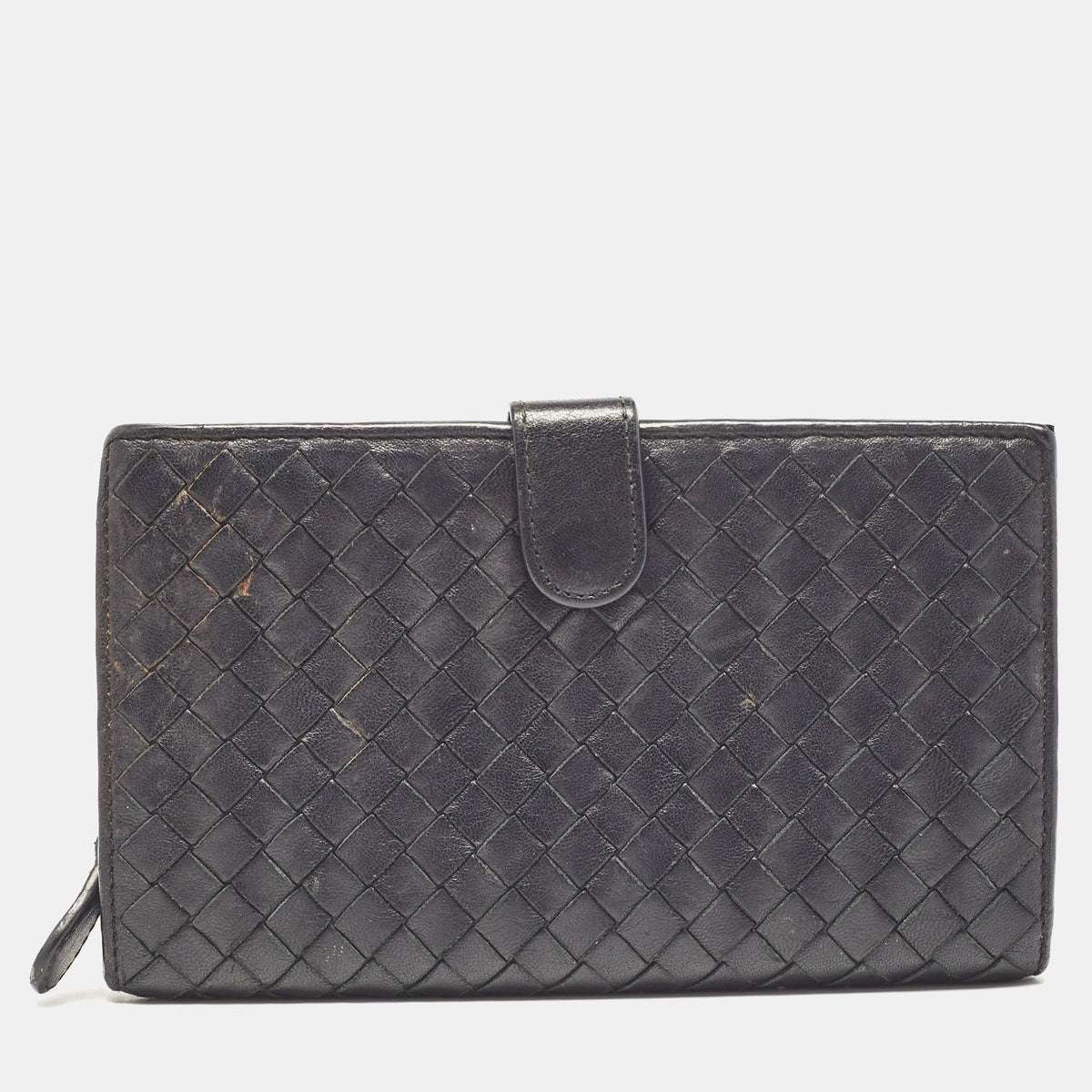 Bottega Veneta Black Intrecciato Leather French Flap Wallet