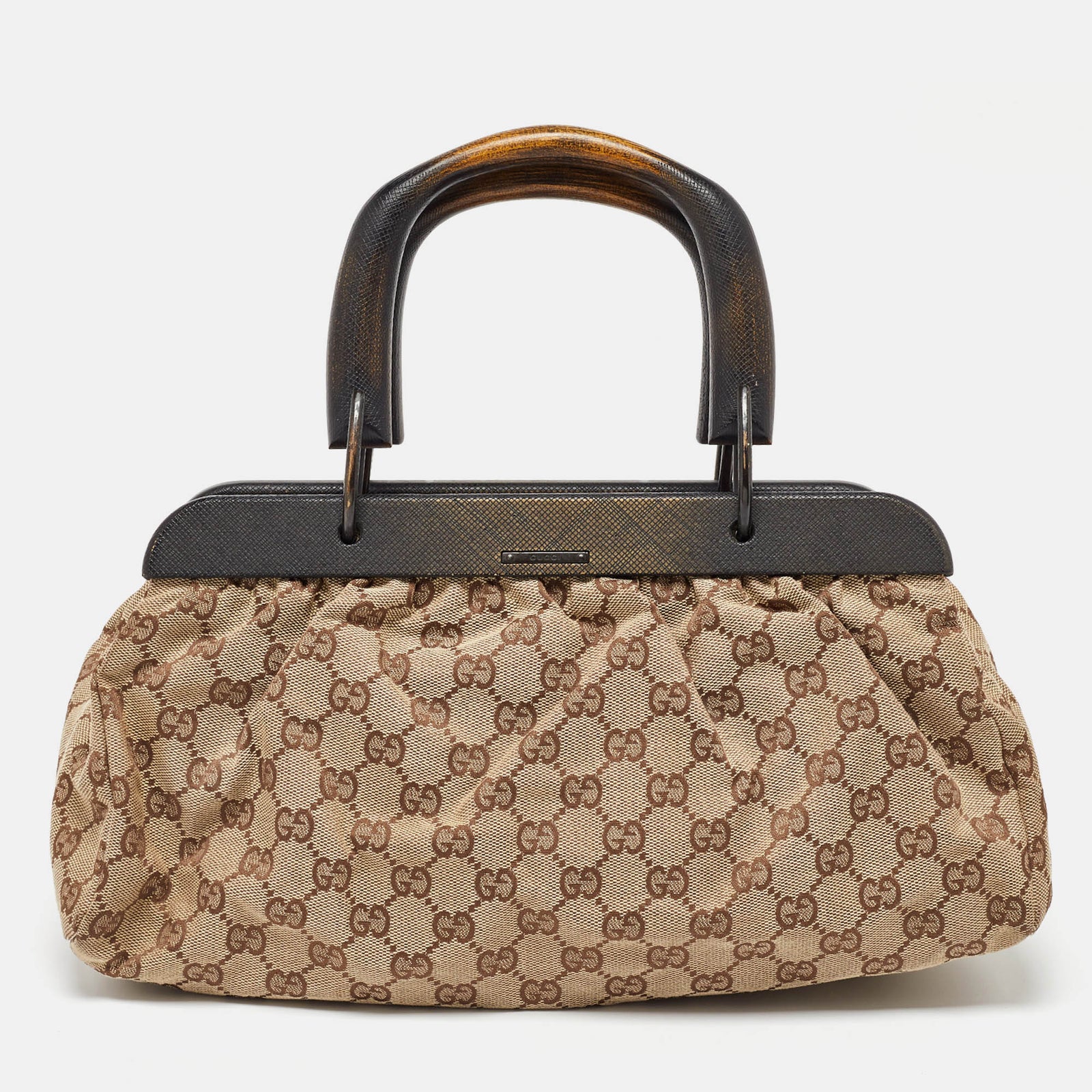 Gucci Beige GG Canvas Wooden Handle Satchel