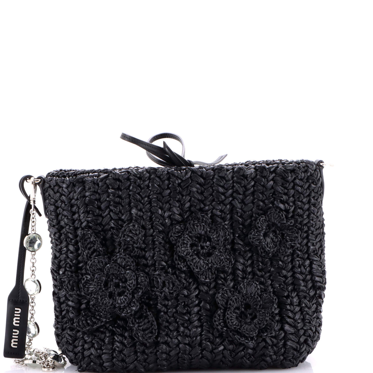 Miu Miu Flower Crystal Chain Shoulder Bag Woven Raffia