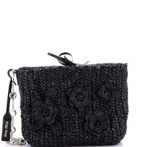 Flower Crystal Chain Shoulder Bag Woven Raffia