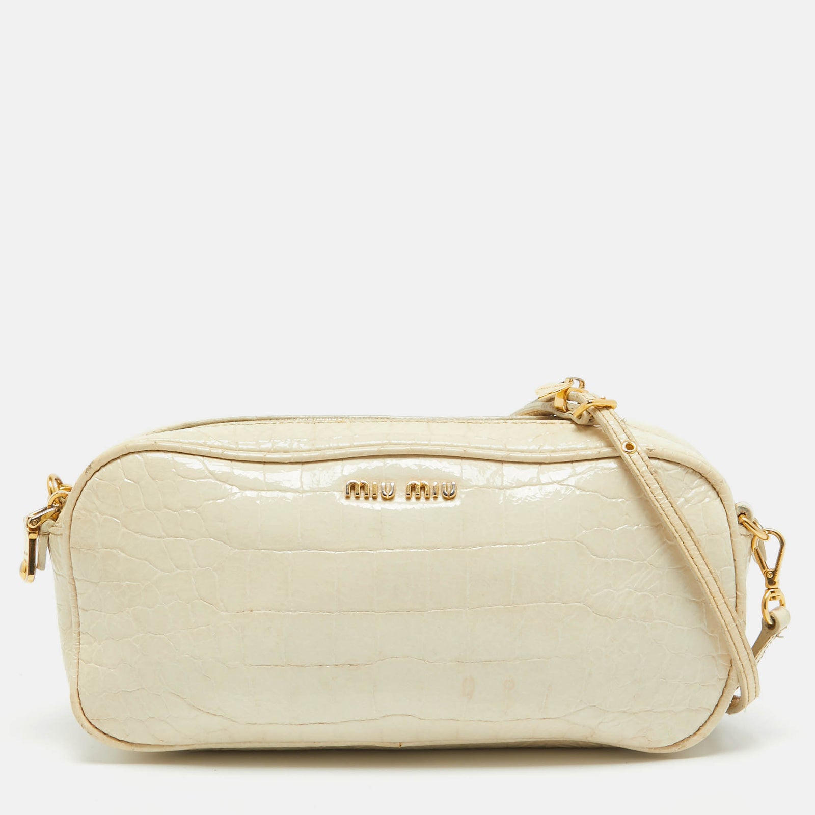 Miu Miu Off White Croc Embossed Patent Leather Camera Crossbody Bag