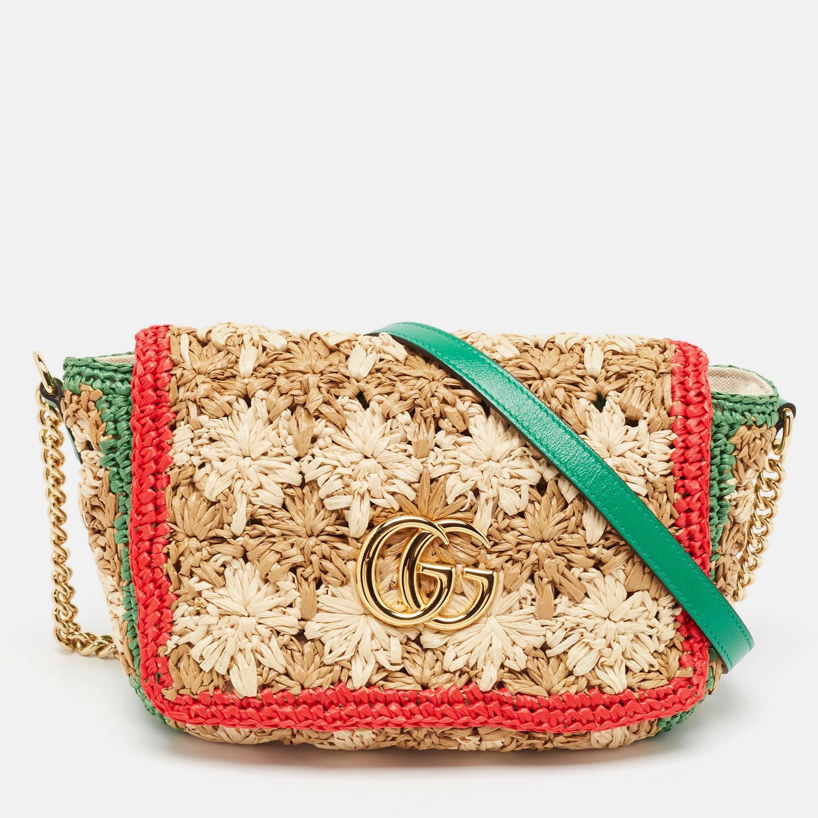 Gucci Sac à bandoulière en crochet GG Marmont en paille et cuir multicolore