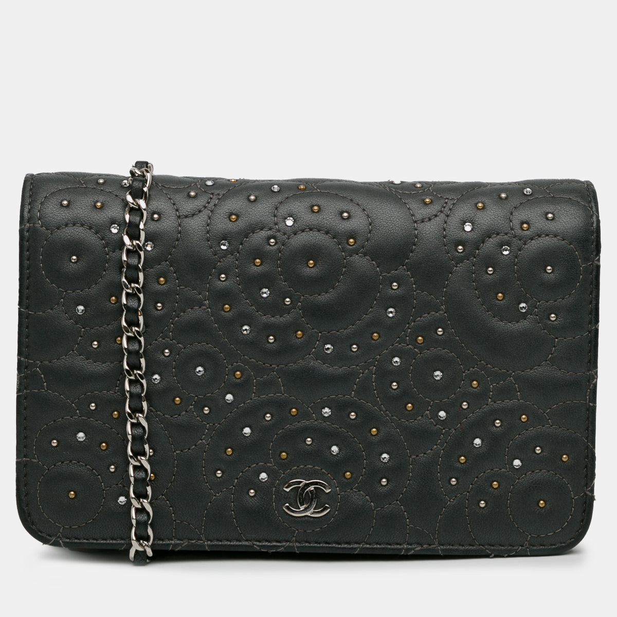Chanel Black Leather Studded Camellia Wallet On Chain