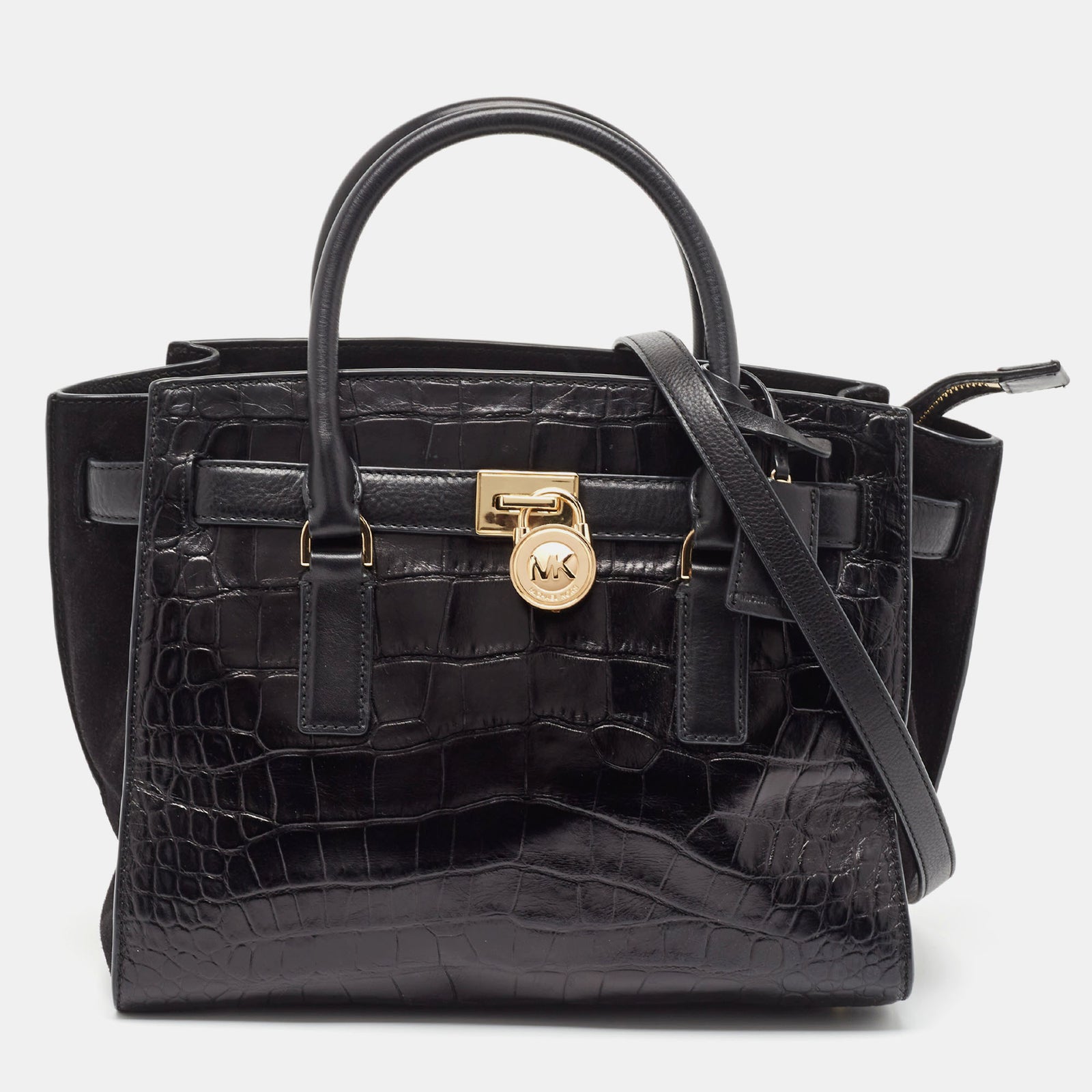 Michael Kors Black Croc Embossed Leather Hamilton Tote