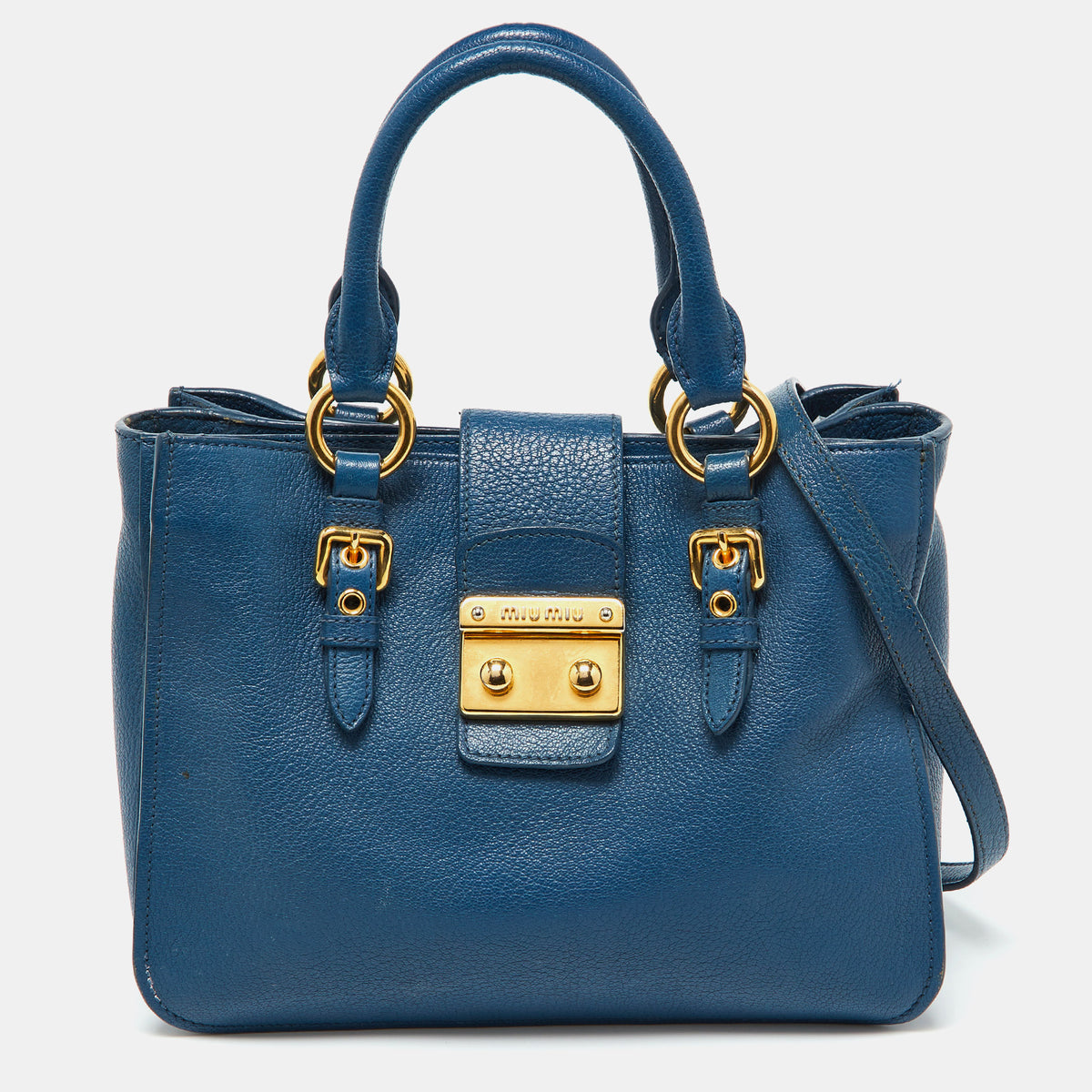 Miu Miu Blue Madras Leather Pushlock Tote