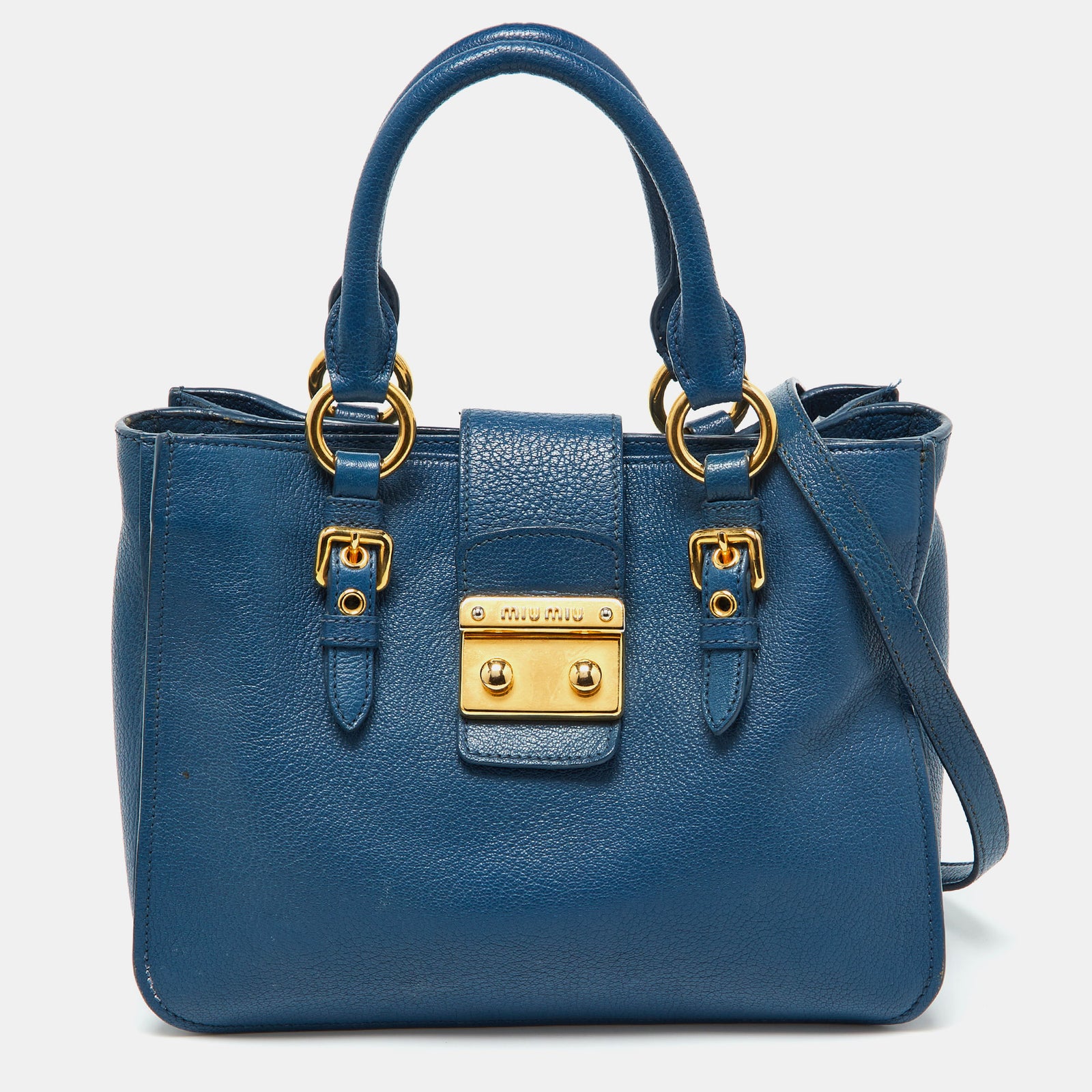 Miu Miu Tote Bag aus Madras-Leder mit Druckverschluss in Blau