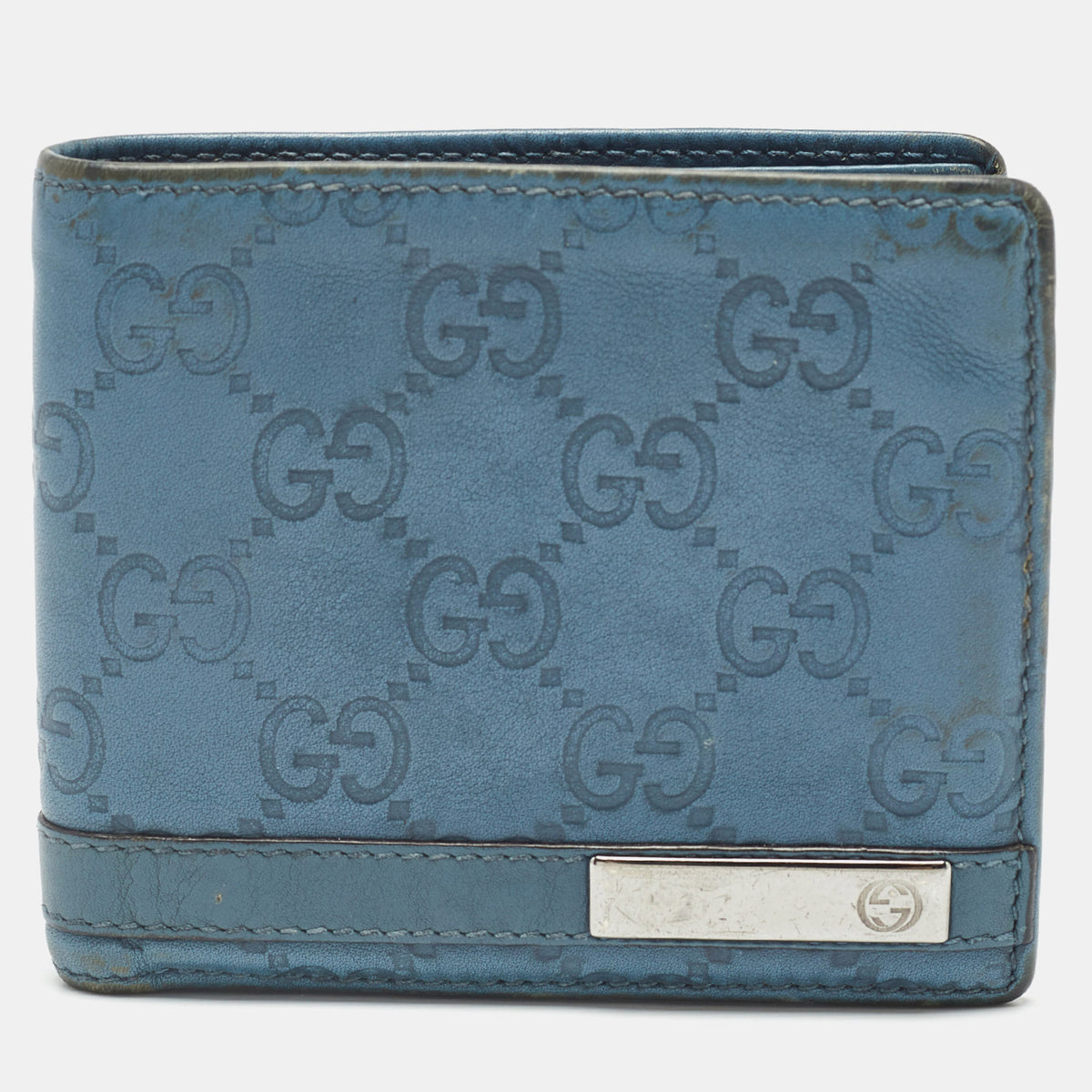 Gucci Blue Guccissima Leather Metal Bar Bifold Wallet