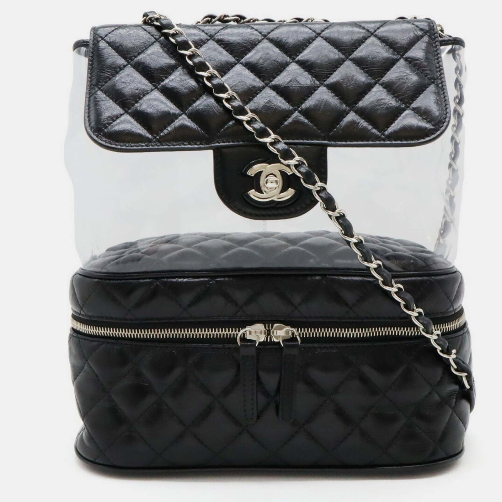 Chanel Vinyl-Schultertasche „Coco Mark“ aus schwarzem Matelassé-Leder mit Kette