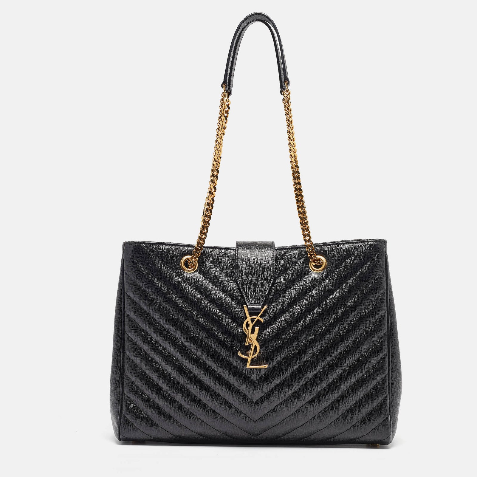 Saint Laurent Paris Saint Laurent Black Chevron Leather Cassandre Chain Tote