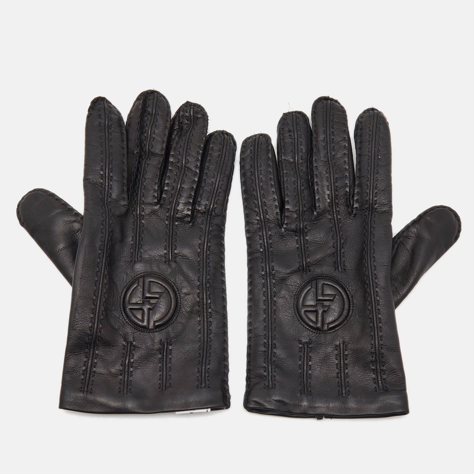 Giorgio Armani Black Leather Stitch Detail Gloves L