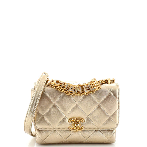 CHANEL Crystal Logo Letters Chain Handle Flap Bag Quilted Lambskin Mini