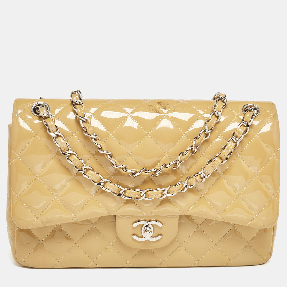 Chanel Cream Quilted Patent Leather Jumbo Classic Double Flap Bag